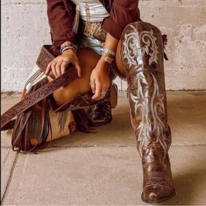 Elegant Embroidered Brown Over the Knee Boots